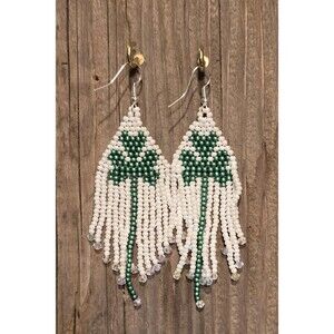 Handmade Beaded Earrings Drop / Dangle 3.5 in Drop Shamrock on White